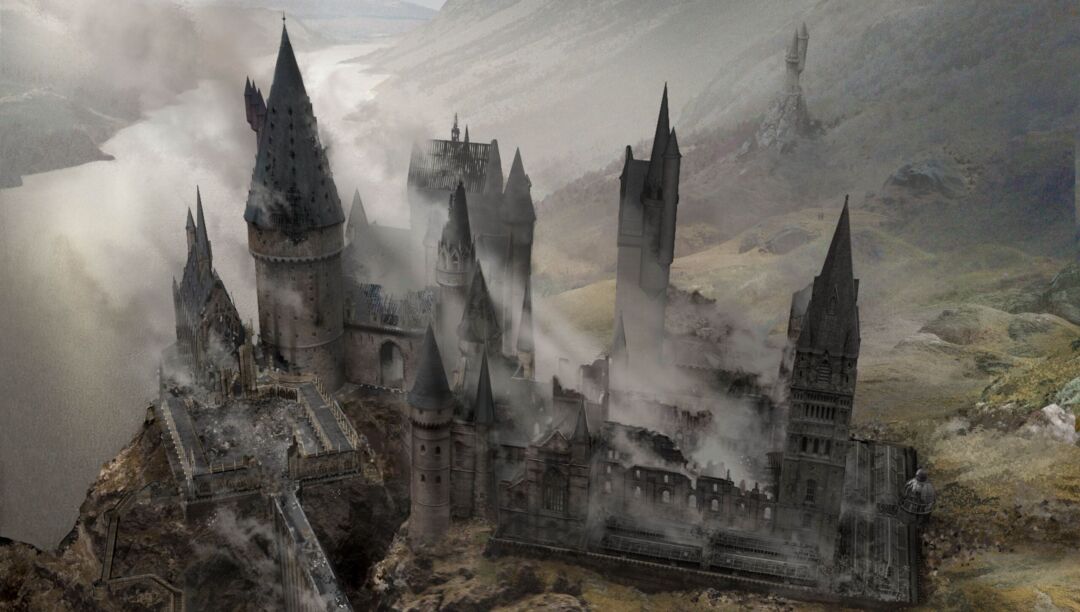 Ancient dark castle with tall spires shrouded in mist and fog, set in a rugged landscape.