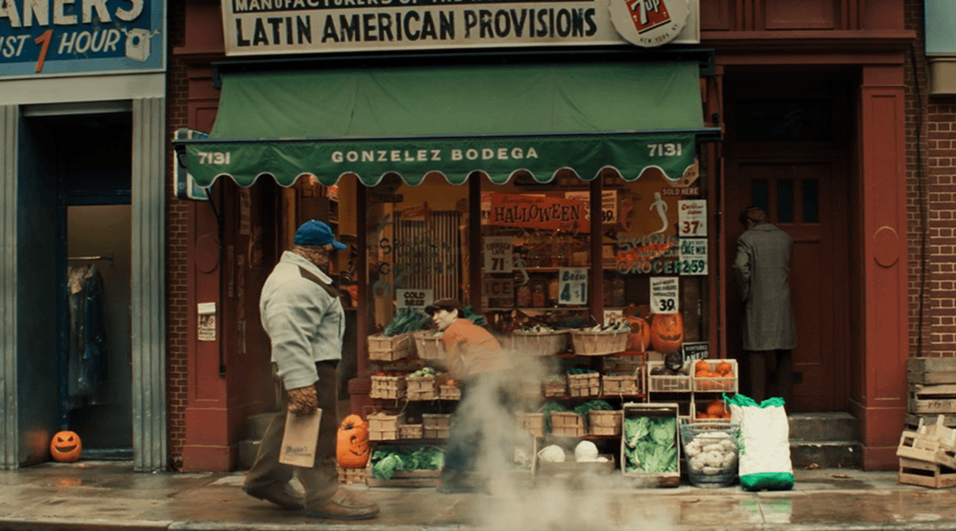 Halloween-themed store with pumpkins and fog outside, festive decorations in a Latin American provis.